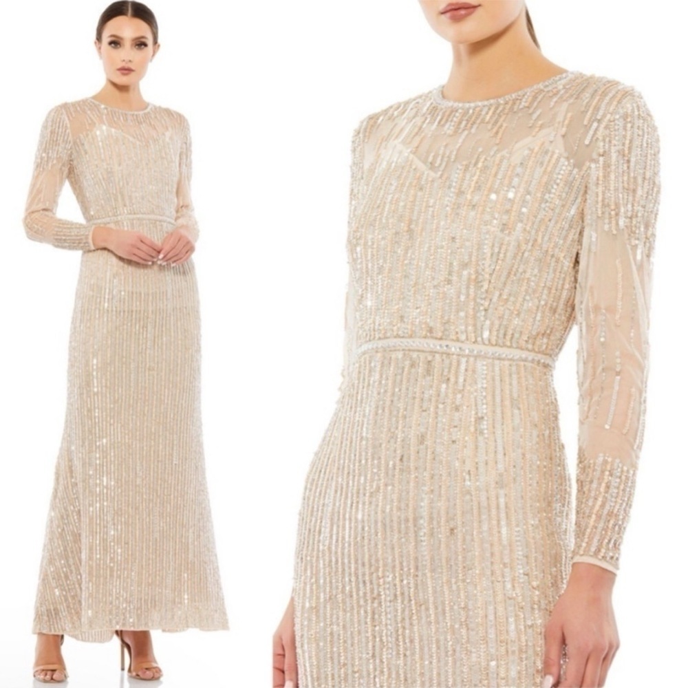 FLAWED NWT Mac Duggal Sheer Full Sequined A-Line Gown Dress in Rose Gold size 4